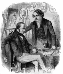 Nicephore Niepce (1765-1833) och Louis Daguerre (1787-1851), franska uppfinnare, pionjärer inom fotografi. Gravyr från 1852.
