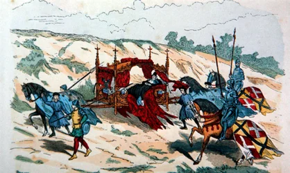 Adelsman som bärs i en kull av hållare under 1300-talet i Europa (färg litho)