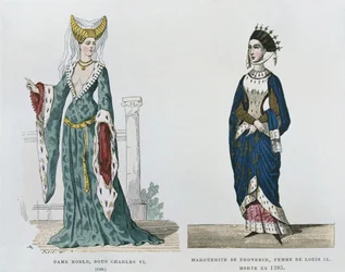 Adelskvinna under Karl VIs regeringstid, Marguerite de Provence, hustru till Ludvig IX, dog 1285, från franska civila och militära dräkter genom århundradena