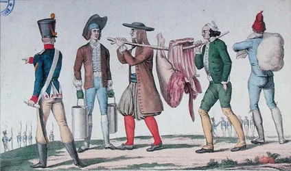Norman och Breton rekryterar med förnödenheter, från en serie med titeln "The First Steps of a Military Career", tidigt 1800-tal (färgad gravyr)