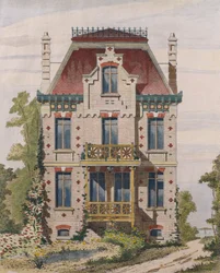Normandisk villa i Villers sur mer, Normandie, illustration från Le Moniteur des architectes, 1883 (färggravyr)