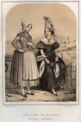 Normans Costumes - arvtagaren till Caudebec - gravering i "" THE MOUSE OF MY ONCLE MEMORIES AND RECITTS OF TRAVELS" av MORING MICHEL - Slutet av 1800-talet