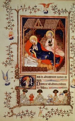 Nouv Lat 3093 f.42 Nativity and Visitation of the Shepherds, från Duc de Berrys Tres Belle Heures, påbörjad c.1382
