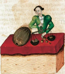Muskotnötshandlare, miniatyr från Tractatus de herbis, Frankrike 1400-talet.