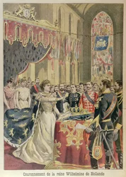 Drottning Wilhelminas konstitutionsed (1880-1962) vid Nieuwe Kerk (Nya kyrkan) Amsterdam, 31 augusti 1898, illustration från Le Petit Journal, september 1898