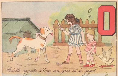 Odette ger Tom ett stort ben, omkring 1920 (tryck)
