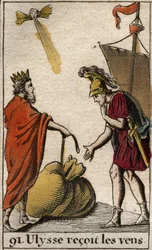 Homeros Odysséen: Aiolos, kung på cyklopernas ö, ger Odysseus säcken med vindarna så att han kan använda dem för egna syften.