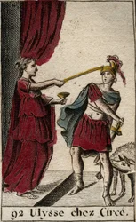 Odyssee av Homere: hjältarna Ulysses på magikern Circe. Bakom honom förvandlade hon sina följeslagare till grisar. (Homer