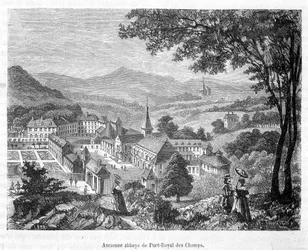 Gamla klostret Port Royal des Champs (Port-Royal-des-Champs) fågelvy - gravyr