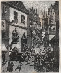 Den 20 maj 1636 arresterades åtta förfalskare i rue Champfleuri av två poliskommissarier åtföljda av ett dussin sergeanter - i "Paris a travers les siecles"" av Nicolas Jules Henri Gourdon de Genouillac (1826-1898)