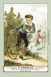 Under dagar av conge spelar Leon och Lucien bågen - i "Alphabet des petits savants", sent 1800-tal (kromolitografi)
