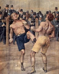 Ett av de första räddningsmötena, fransk boxning, utkämpades i Paris 1899, Färggravyr. Frankrike