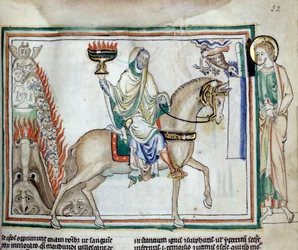 Öppning av det fjärde sigillet: Döden rider på den gröna hästen. Miniatyr hämtad från "The Apocalypse of Cambrai"" upplyst av den franska skolan på 1200-talet. Ms 422. Kommunalbibliotek, Cambrai