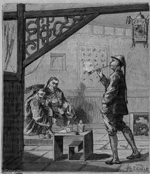 Opiumrökare i Kina på 1800-talet - Kinesiska opiumrökare - Gravyr i "" Vetenskaper tillgängliga för alla - Populär fysik och kemi"" av Alexis Clerc - Slutet av 1800-talet - Privat samling