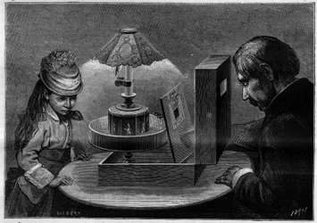 Optisk illusion: praxinoskopteatern, apparat uppfann av Emile Reynaud (1844-1918). Gravyr i "" Nature. Granskning av vetenskap och dess tillämpningar på konst och industri.