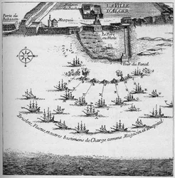 Orden av de franska fartygen för attacken mot Alger 1683. Gravyr i "La Marine et les colonies: handel"