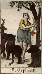 Orpheus charmar de vilda djuren genom att spela sin lyra från "Mythologie de la jeunesse" av Pierre Blanchard 1803.