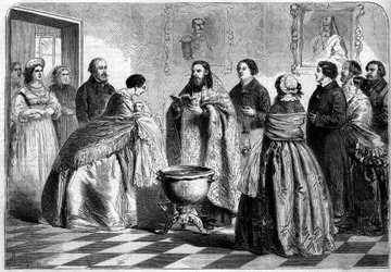 Ortodox rit - dop: dopceremoni, enligt den grekiska riten, i det övre ryska samhället 1858. Barnet är närvarande för påven av sin gudmor innan det nedsänks i baptisteriet. Gravyr i "" Le Monde Illustré"" nr 81 av 30 oktober