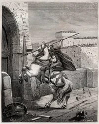 Otto II, helige romerske kejsare före Paris - Otton II av det heliga riket, känd som Roux (955-983) irriterar sig på att inte kunna tränga in i Paris (Paris högkvarter, 978), avancerar under stadens murar för att plantera sin spjut i dörren - gravering in