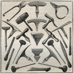 Golfevre verktyg. Gravyr från 1885 i ””Les arts et professions illustrés”” av Adolphe BITARD.