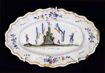 Oval tallrik med inskriptionen Vive le Roi et la Nation 1790, Nevers verkstad, (keramik)