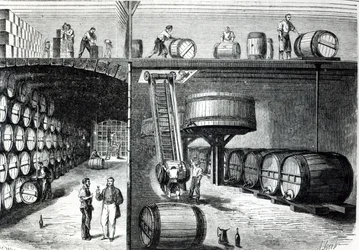 P. Morel och F. Souzac källare och verkstäder i Bordeaux från Le Monde Illustre, 1864