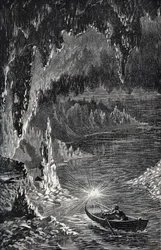 Padirac-grottan i Lot-avdelningen, i Frankrike - Underjordisk flod - Gouffre de Padirac - i Lot i Frankrike - gravyr i "" PATRIE" - PIK BESKRIVNING AV FRANKRIKE I 6 VOLYER AV LUCIEN HUARD - slutet av 1800-talet