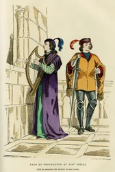 Siddräkter och trubadur på 1200-talet. Färggravyr efter en ritning av manuskriptet av Saint Louis mirakel (Louis IX 1214-1270), i "France et les francais à travers les centuries" av Augustin Challamel, F.Roy redaktör, Paris 1882. S