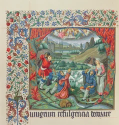 Sida från en faksimilupplaga av Missel de Jouvenel des Ursins med en historisk initial och utsikt över Paris och Seine på 1400-talet