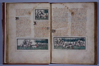 Sidorna 57 och 58, från Le Livre du Roy Modus et de la Royne Racio, av Henri de Ferrieres, ca 1420 (penna & bläck och wc på papper)