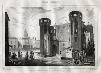 Palace of Aosta på Place du Chateau i Turin - Gravyr från "" Italien Pittoreska"" - Historisk och beskrivande målning av Italien" av M. de Norvins, Ch. Nodier 1834-1836.