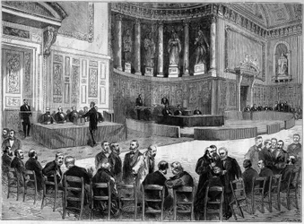 Palais du Luxembourg i Paris: val den 30 januari för val av senatorer för departementet Seine. Stående är stolen i ena handen igenkänd som Victor Hugo (1802-1885), politiker. Gravyr i "" L