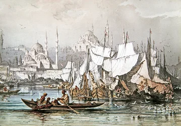 Panorama över sjöfarten i hamnen i Konstantinopel med Blå moskén och Hagia Sofia