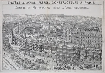 Panoramautsikt över Overground Metro i Paris, illustration från Le Metropolitain, maj 1885