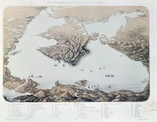 Panoramavy och plan över Sevastopol och Svartahavskusten vid tiden för Krimkriget, 1855