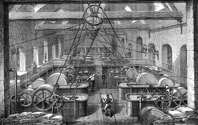 Pappersindustri: verkstad för raffinering och blekning av pappersmassa. Gravyr 1867