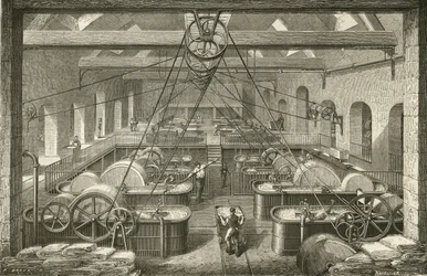 Papperstillverkning: blekning av trasmassa. Gravyr c1870.