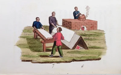 Papperstillverkning av bambu, från La Chine en Miniatures av M. Breton, publicerad i Paris, 1811