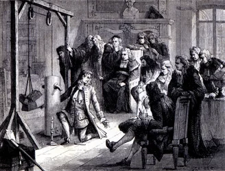 Papin (1647 - 1714) experimenterar med sin pulvermaskin inför professorerna vid universitetet i Marburg - i "Album of Science; berömda vetenskapsmän; Stora upptäckter””” 1896.