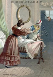 Paranormal aktivitet: en nyfödd som rör sig föremål genom levitation (poltergeist eller telekinesis) Kromolitografi från slutet av 1800-talet Privat samling