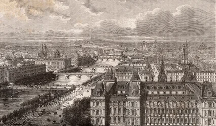 Paris - Seine - Broarna - utsikt från Saint-Gervais torn - gravyr i "La France illustrée: geografi, historia, statistisk administration" av V.-A. Maltbrunt. 1884