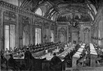 Paris, 4 augusti 1871: första mötet i kommunfullmäktige i tronsalen i Palais du Luxembourg. Gravyr i "" Le Monde Illustré"" nr 748 av 12 augusti 1871.
