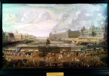 Paris, vy över Pont Neuf, Louvren och De fyra nationernas kollegium omkring 1680