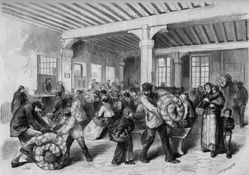 Paris, vintern 1868: fri rensning av kläder och sängkläder på Mont de Piete (Mont-de-Piete) tack vare ekonomiskt stöd från kejsar Napoleon III. Gravyr i ""Le Monde Illustre"" nr 563 den 25 januari 1868.