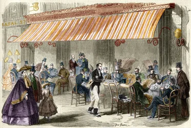 Paris på 1800-talet. Boulevard des Italiens år 1859: utanför café Helder klockan fem på kvällen.