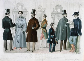 Parisisk modeskylt för Bulletin of Fashion, New York, februari 1858 (färggravyr)