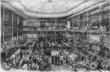 Parisiska varuhus: utsikt över butikshallen Little Saint Thomas 1878. Gravyr av Scott i "" The Illustrous World"" nr 1124 den 12 oktober