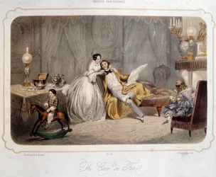 Parisiska kvällar: "vid elden" Ett borgerligt par och barn på en trähäst i en interiör. Litografi från 1800-talets Paris. Dekorativ konst