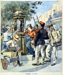 Parisare dricker runt en Wallace-fontän - i "Le Petit Journal" av 1900-08-19 (gravyr)