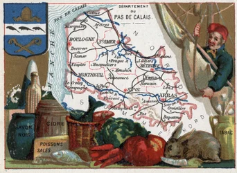 Pas-de-Calais (62), Nord-Pas-de-Calais, Frankrike. Lokala specialiteter: svart tvål, smutsig fisk, cider och tobak. Serie om de franska departementen. Kromolitografi (kromo) ”den geografiska tråden”, omkring 1920. Privat samling.